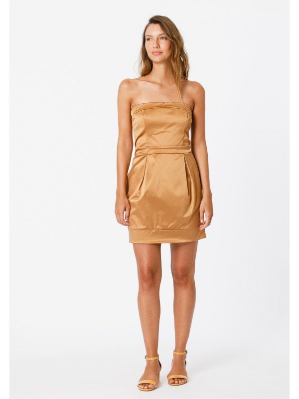VESTIDO STRAPLESS EN COTTON SATEN BRILLOSO C/TABLAS